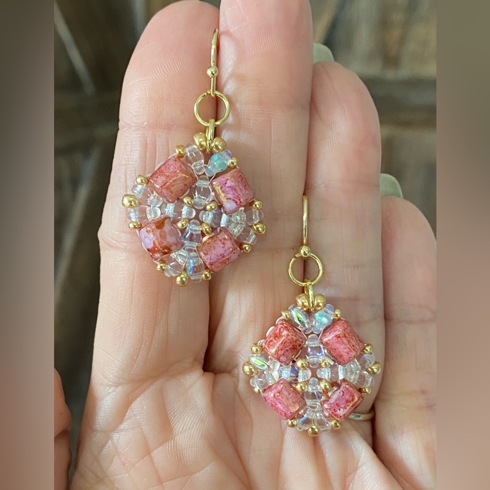 Handmade Blush Pink Czech Glass 10k GP Drop Earrings